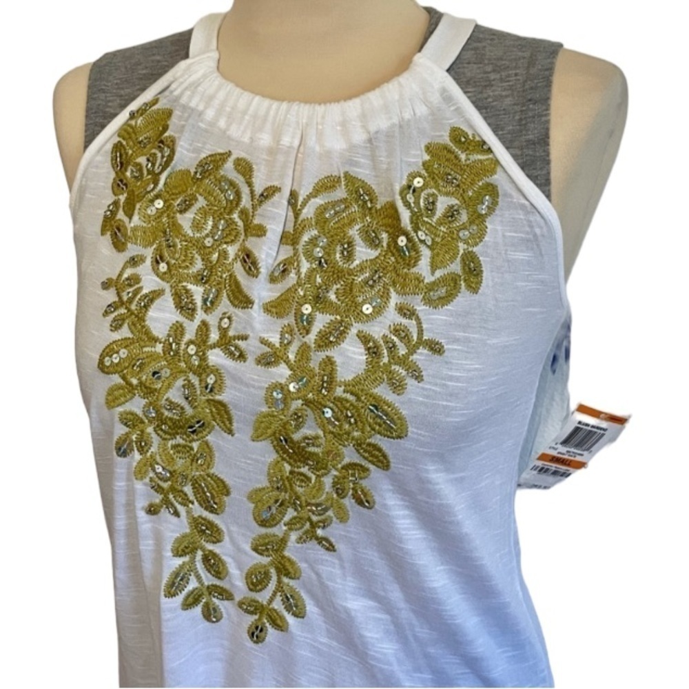 INC Bright White Tank Top With Embroidery and Gold Sequins Size Small